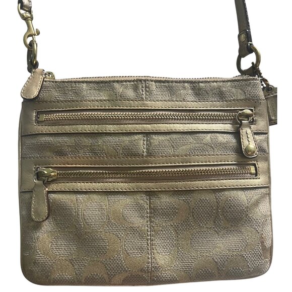 Coach Signature Stripe Metallic Crossbody Bag Gold Jacquard Lime Lining - Picture 1 of 16